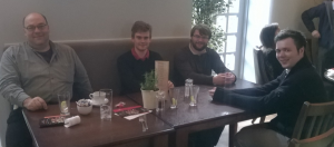 The speaker interns at a subsequent meal with the Head of School. From left to right, Steve Linton (HOS), Aleksejs Sazonovs, Robert Dixon, and Andrew McCallum (Emily Dick could not attend the meal).