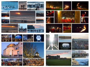 Clockwise from top left: The May Dip, Torchlit procession, Christmas ceilidh, stunning St Andrews.